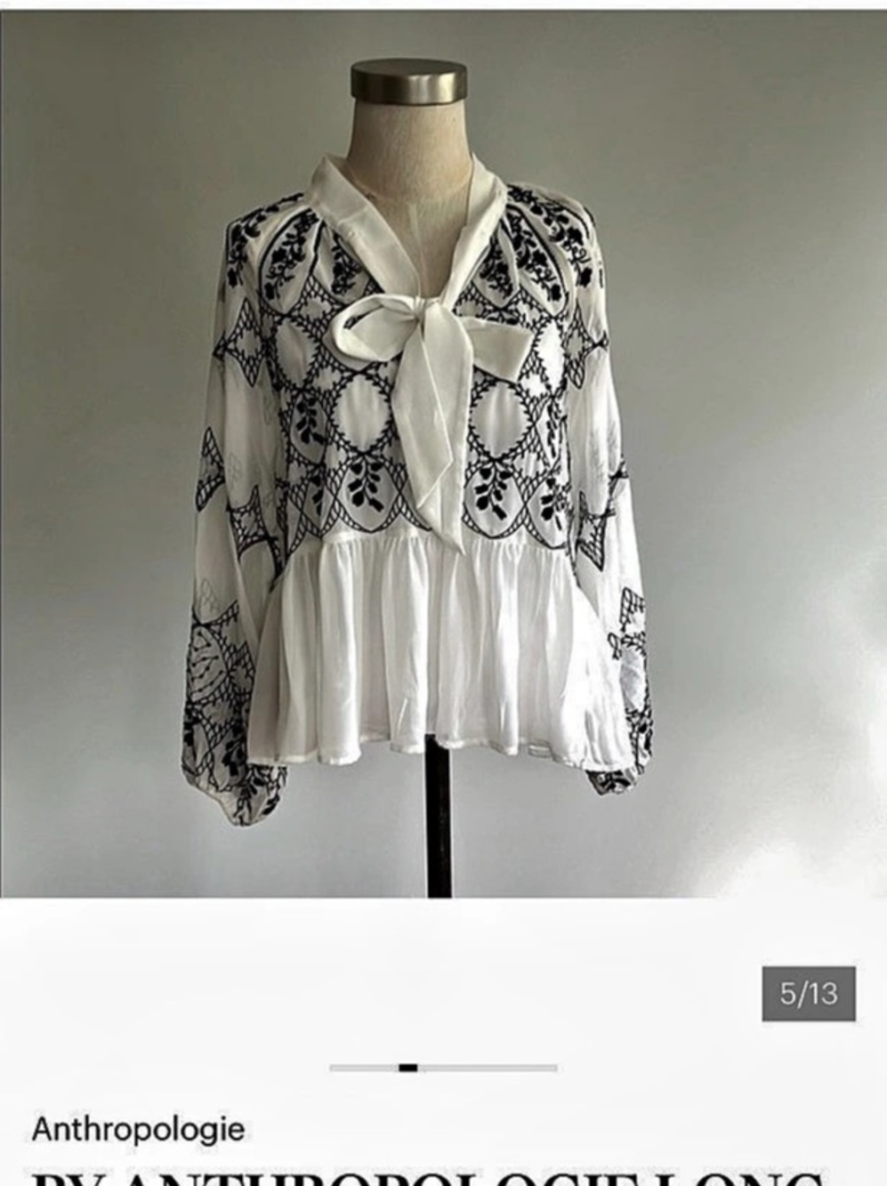 Anthropologie Long-Sleeve Tie-Neck Embroidered Blouse Embroidered Tie-Neck